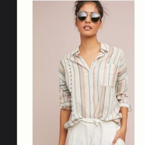 Anthropologie Akemi + Kin Neutral Striped Blouse Boho Oversized XS/S